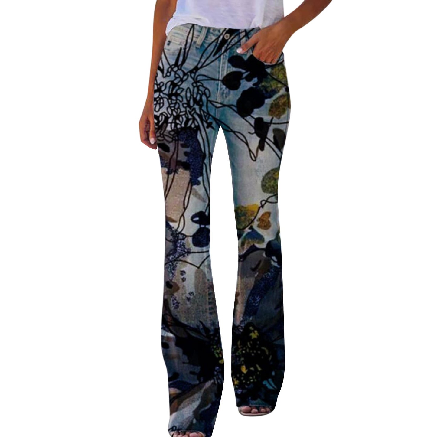 Women's Large Casual Imitation Denim Bell-bottom Floral Women's Jeans