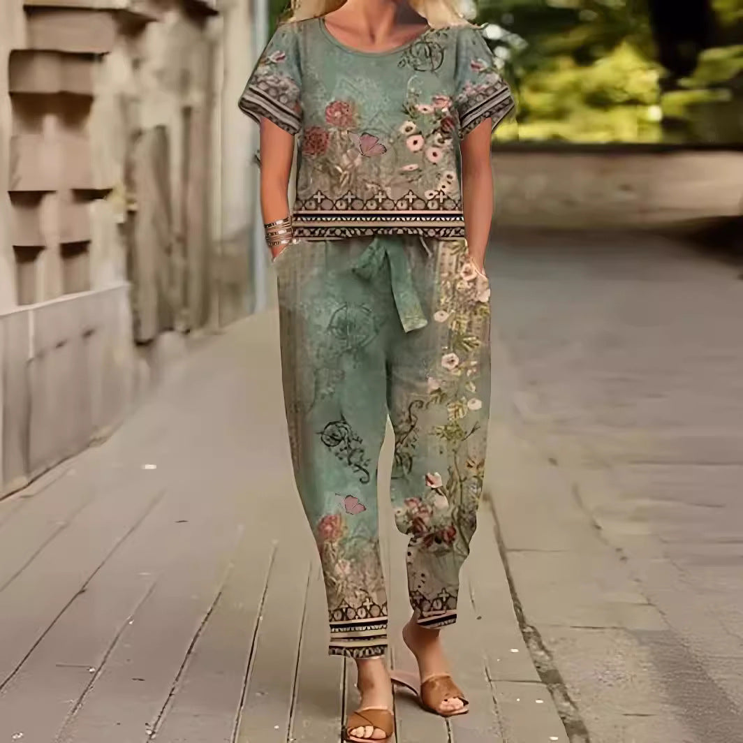 Sleeves Trousers Vintage Printed Bow Tie Temperament Fashion Casual Suit