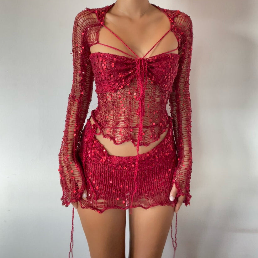 Comfortable Creative Women's Sequin Knitted Three-piece Fashion Casual Suit