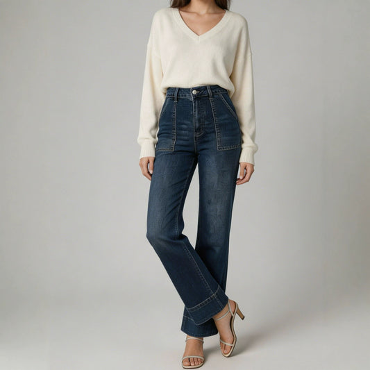 Women's Waist Wide Leg Leisure Loose Washed-out Women's Jeans