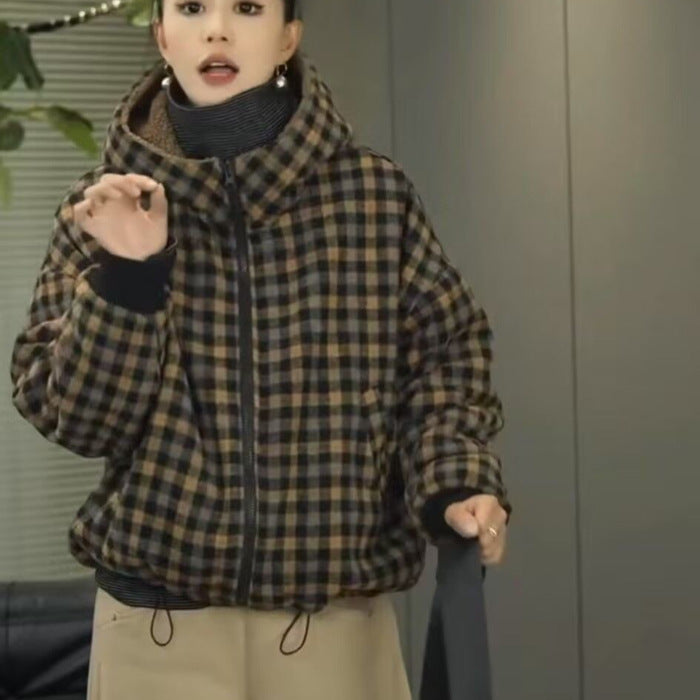 Women's Thickened Plaid Printed Hooded Cotton Casual Western Style Jackets