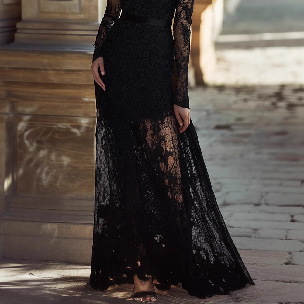 Women's Collar Long Sleeve Lace Swing Waist Slimming Dresses