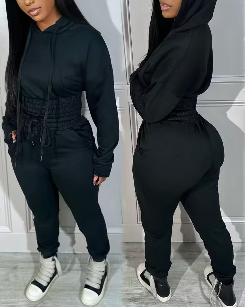Full Solid Color Waist Hooded Jogging Blouses