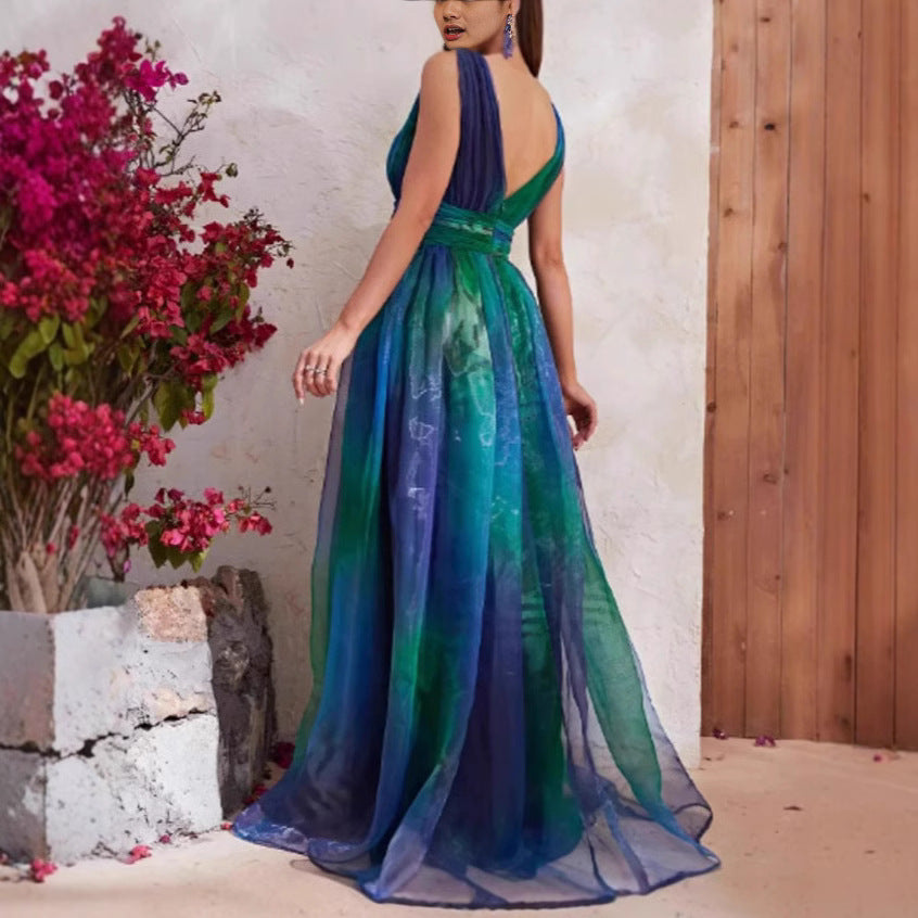 Women's Summer Deep Backless Printed Chiffon Big Dresses
