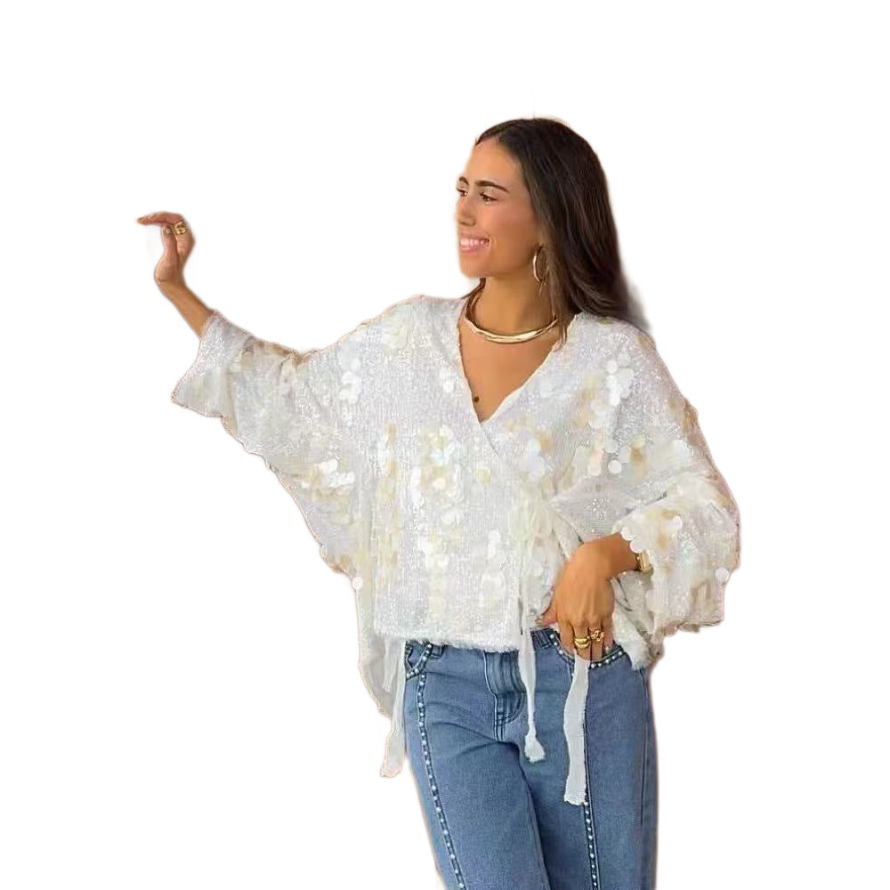 Women's Sequined Long Sleeve Baggy Fashion Blouses