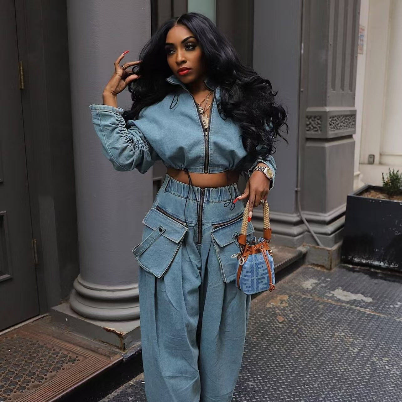 Women's Fashion Retro Wide Leg Loose Denim Suits
