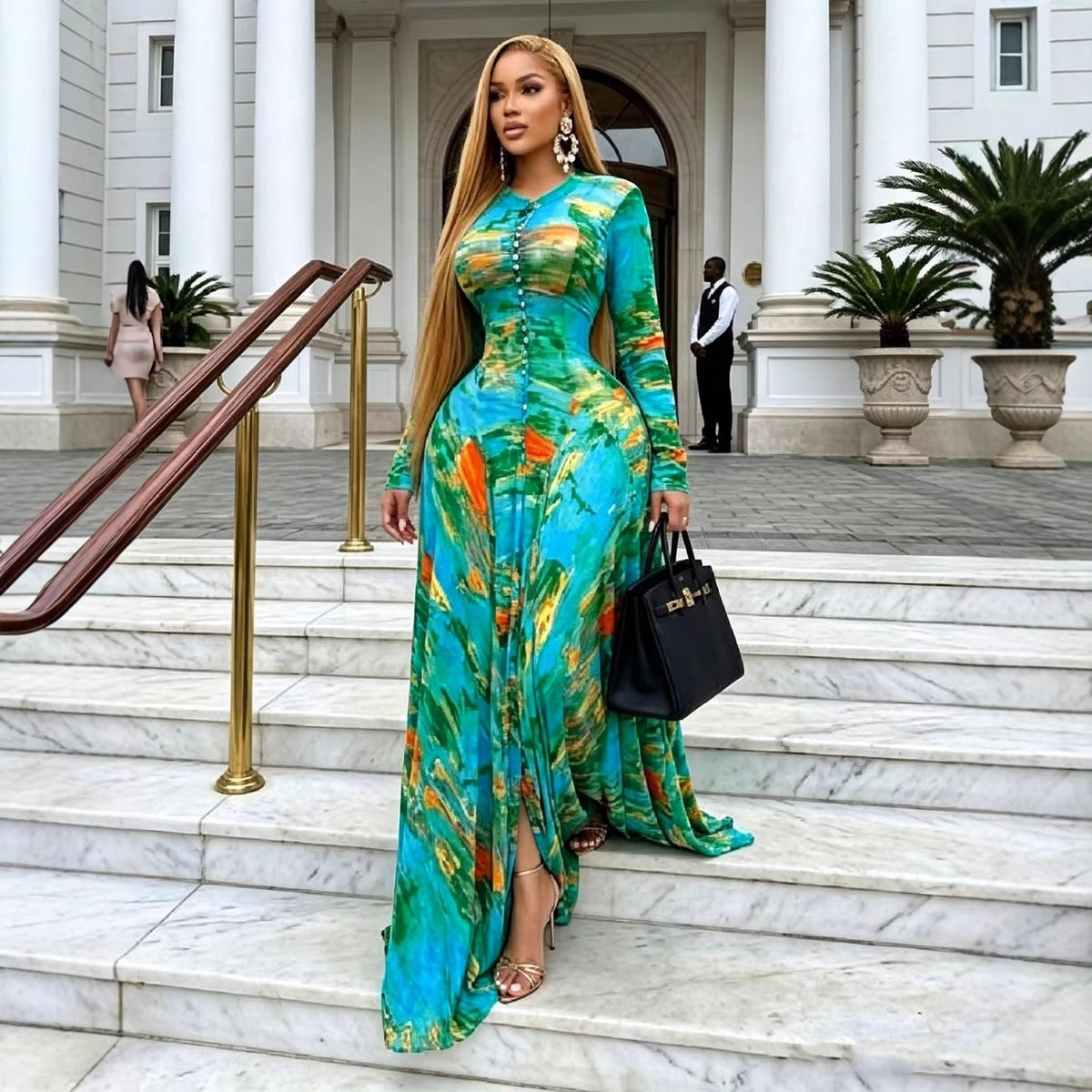 Women's African Temperament Printed Large Swing Round Neck Long Sleeve Waist Dress