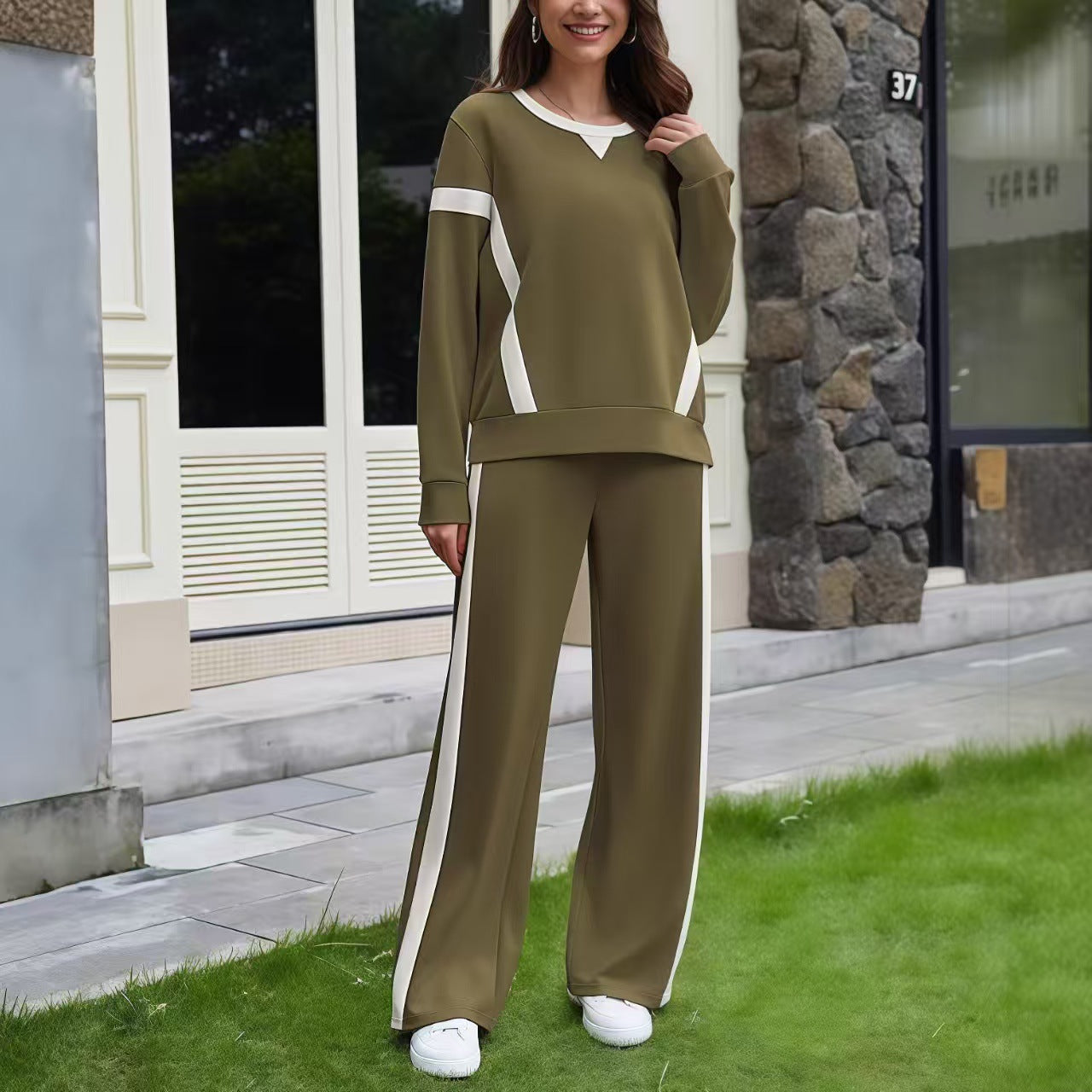 Women's Autumn Striped Color Matching Long Sleeve Fashion Casual Suit