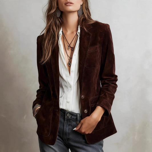 Women's Autumn Elegant Brown Suede With Pockets Coats