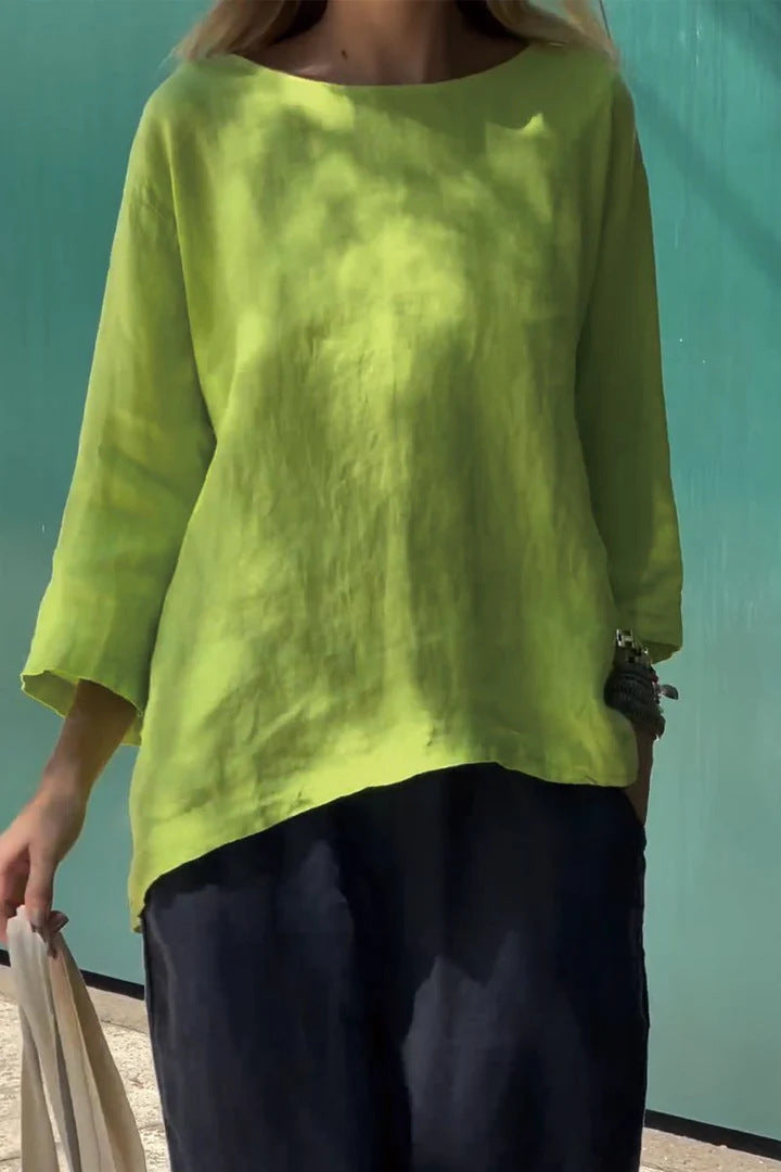 Women's Sleeve Round Neck Cotton Linen Loose Tops