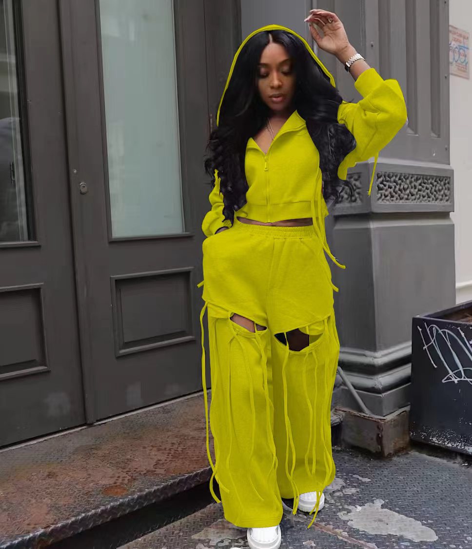 Women's Fashion Loose Hole Wide Leg Versatile Personality Hooded Suits