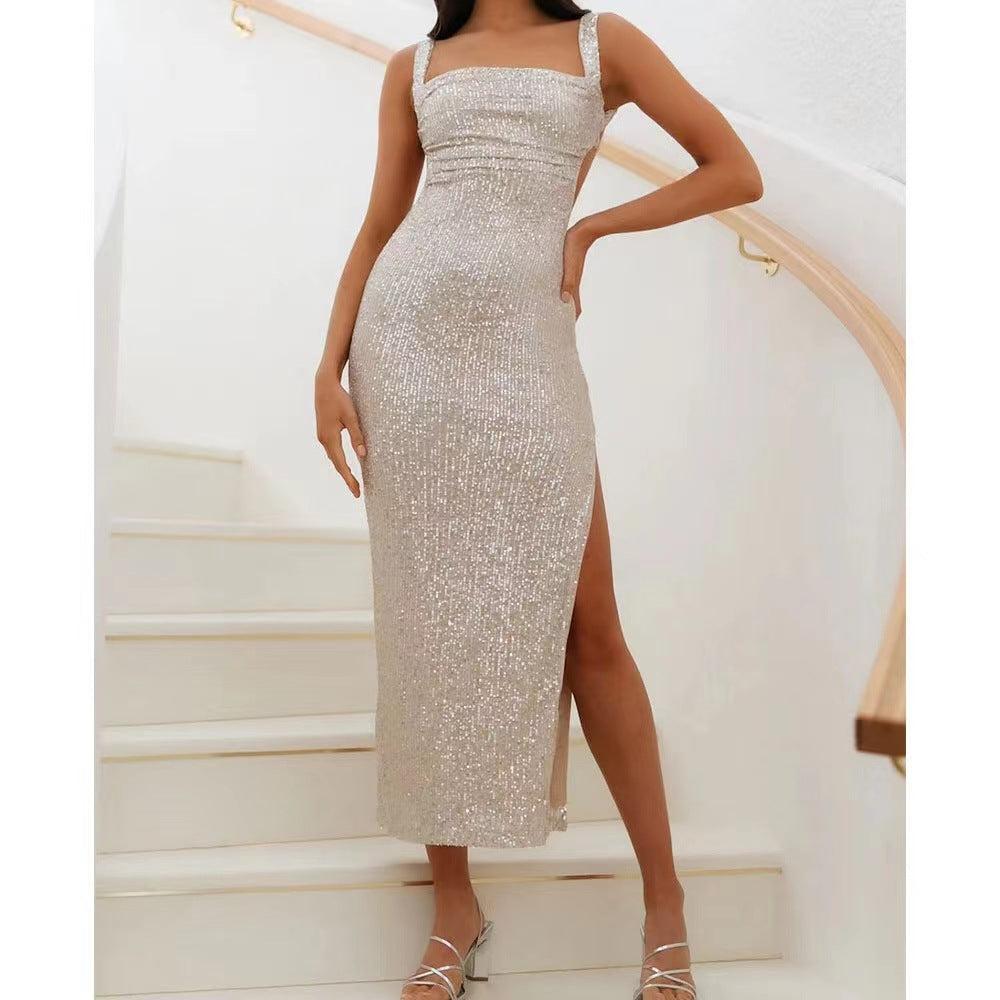 Women's Slimming Sexy Backless Shoulder Strap Slit Dresses