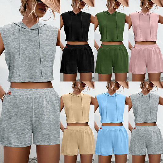 Hooded Sleeveless Stitching Tied Pocket 2 Piece Shorts