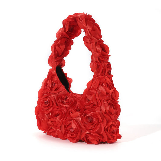 Women's Three-dimensional Rose Flower Sequins Selenodont Satin Evening Bags