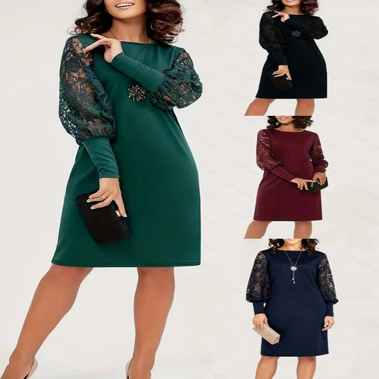 Women's Round Neck Long Sleeve Hollow Lace Slim Fit Dress