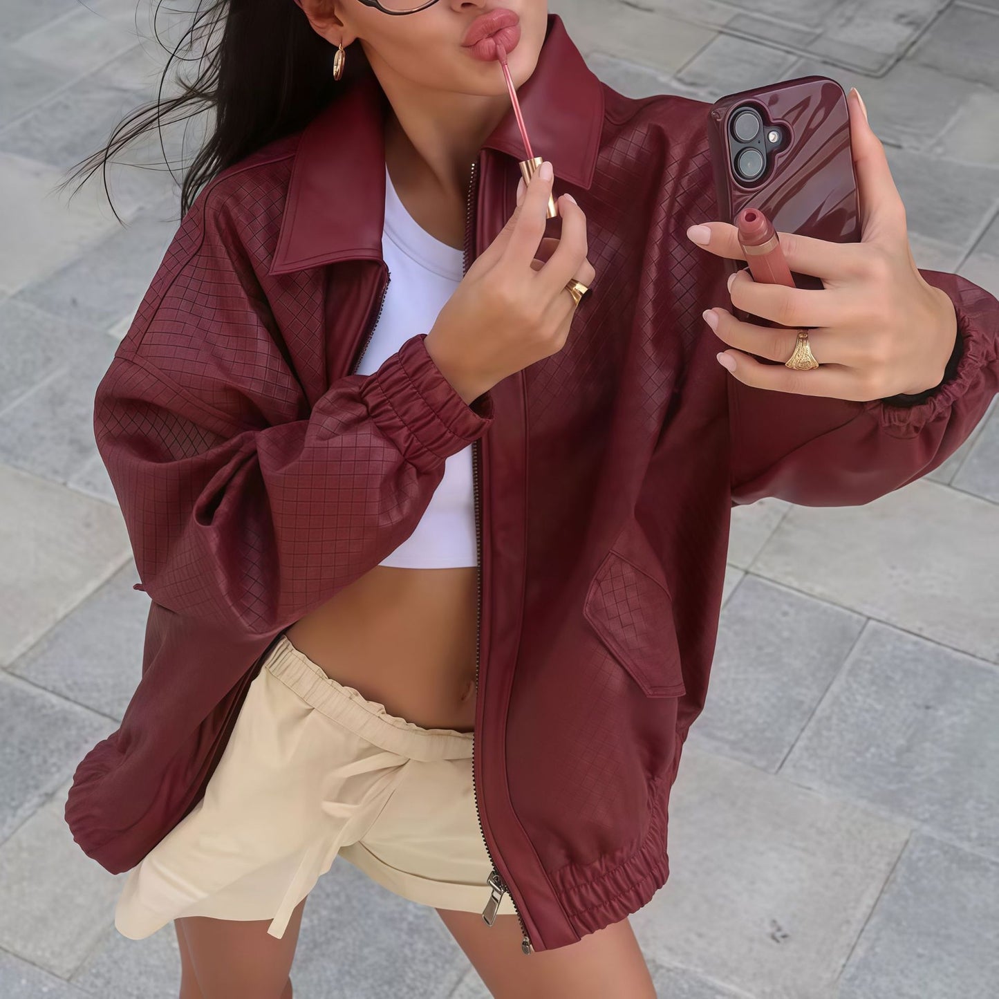 Autumn Wine Red Diamond Plaid Lapel Leather Jackets