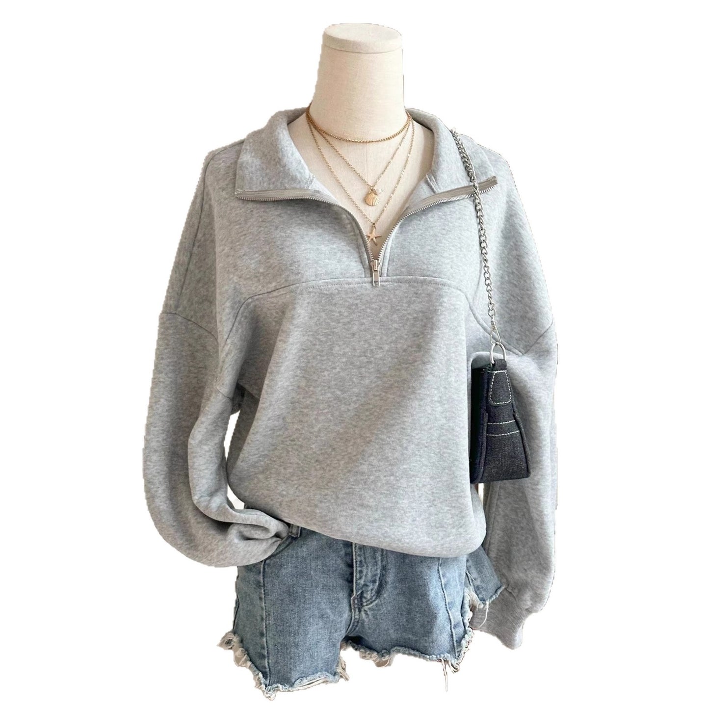 Solid Color Fleece Lapel Half Zipper Fashion Women's Sweater, Sweater