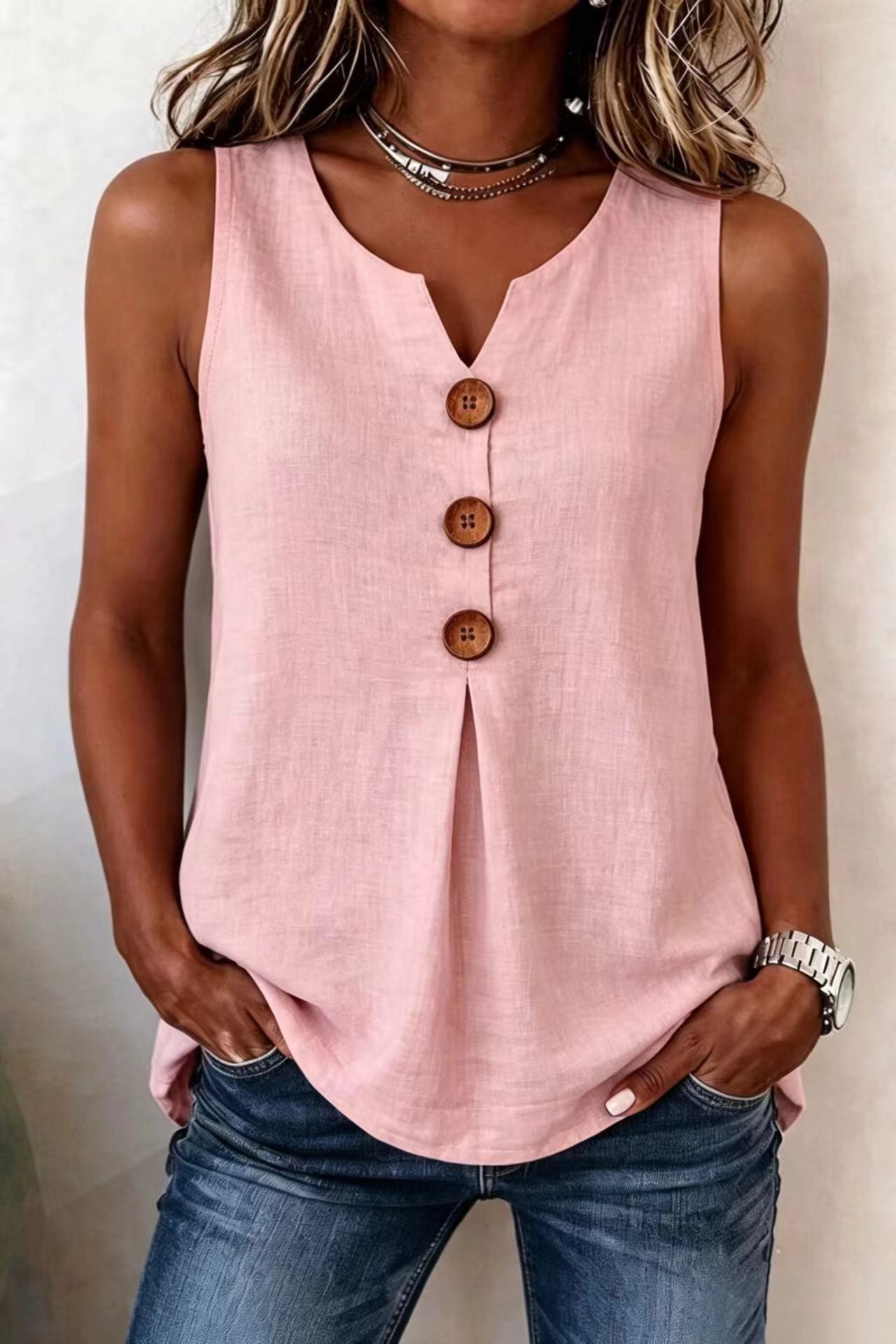Classic Women's Cotton Linen Button Sleeveless Women's T-shirt