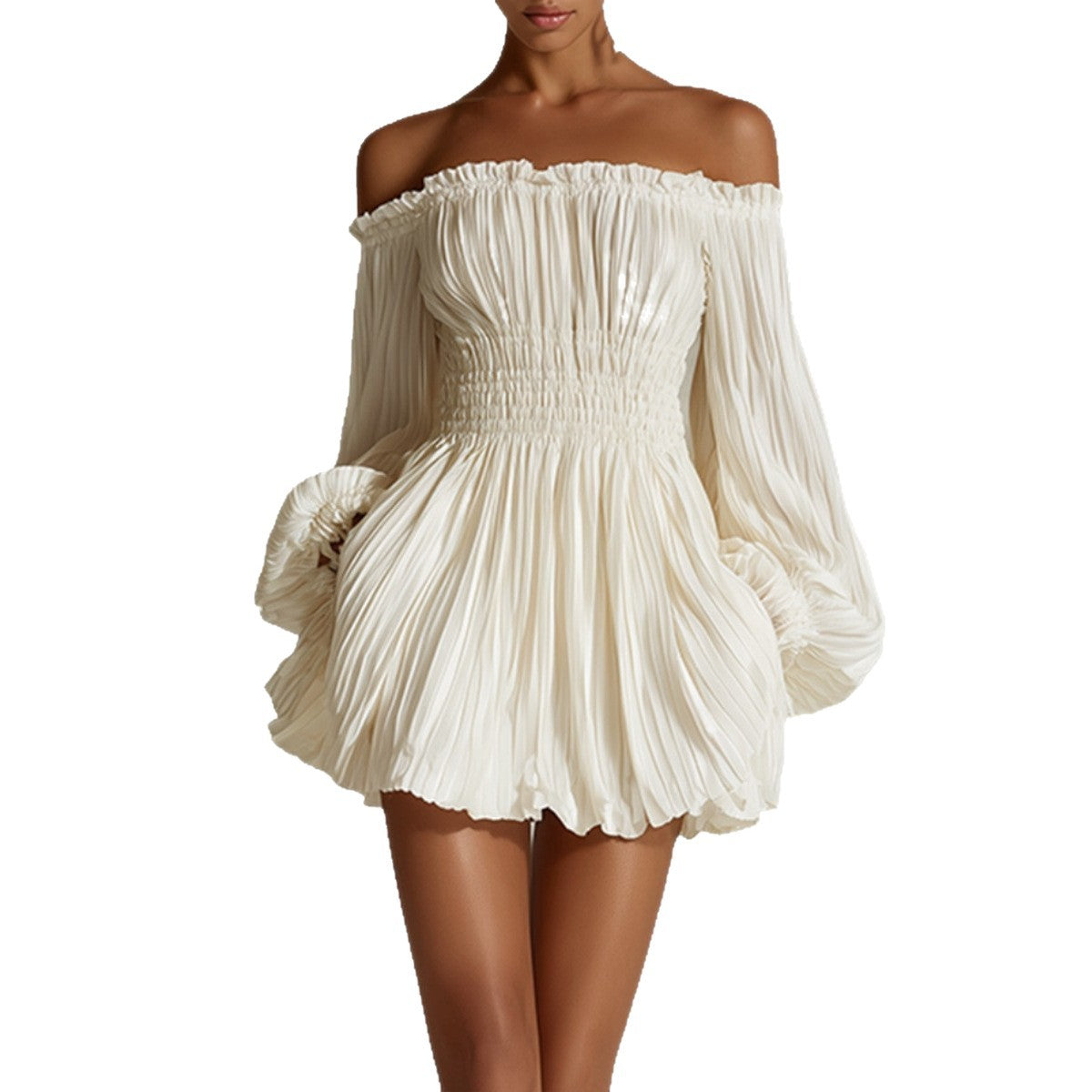 Unique Women's Pleated Slimming Long Sleeve Dress