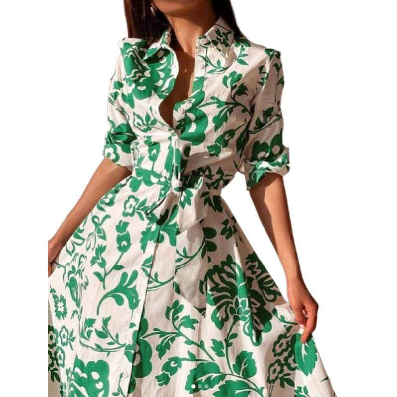 Popular Women's Printed Long-sleeved Lapel Shirt Dress