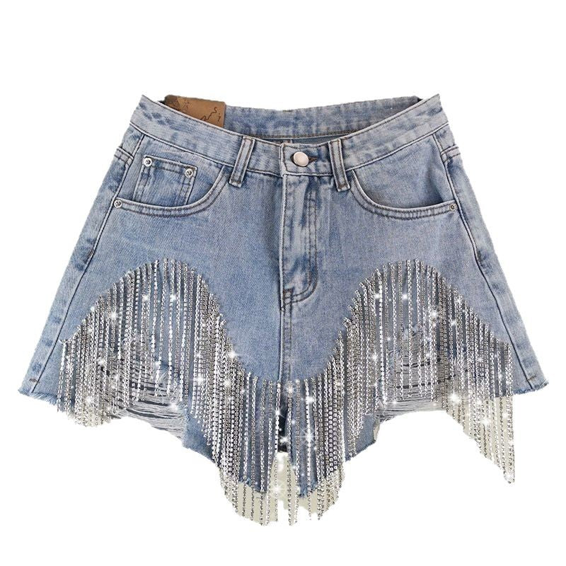 Women's Fashion Ripped Tassel Chain Sexy Women's Jeans