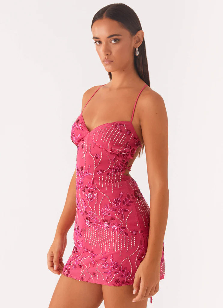 Women's Embroidered Dress Sexy Backless Spaghetti Straps Dresses