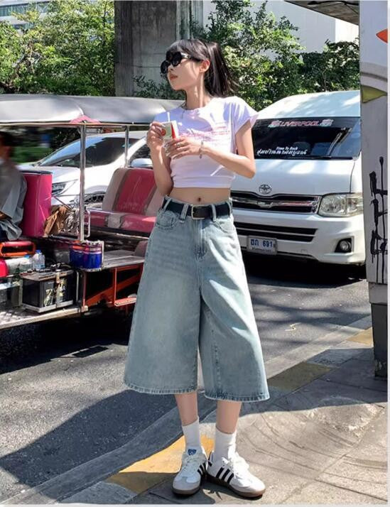Women's Washed Distressed Cropped High Waist Loose Wide Leg For Women's Jeans