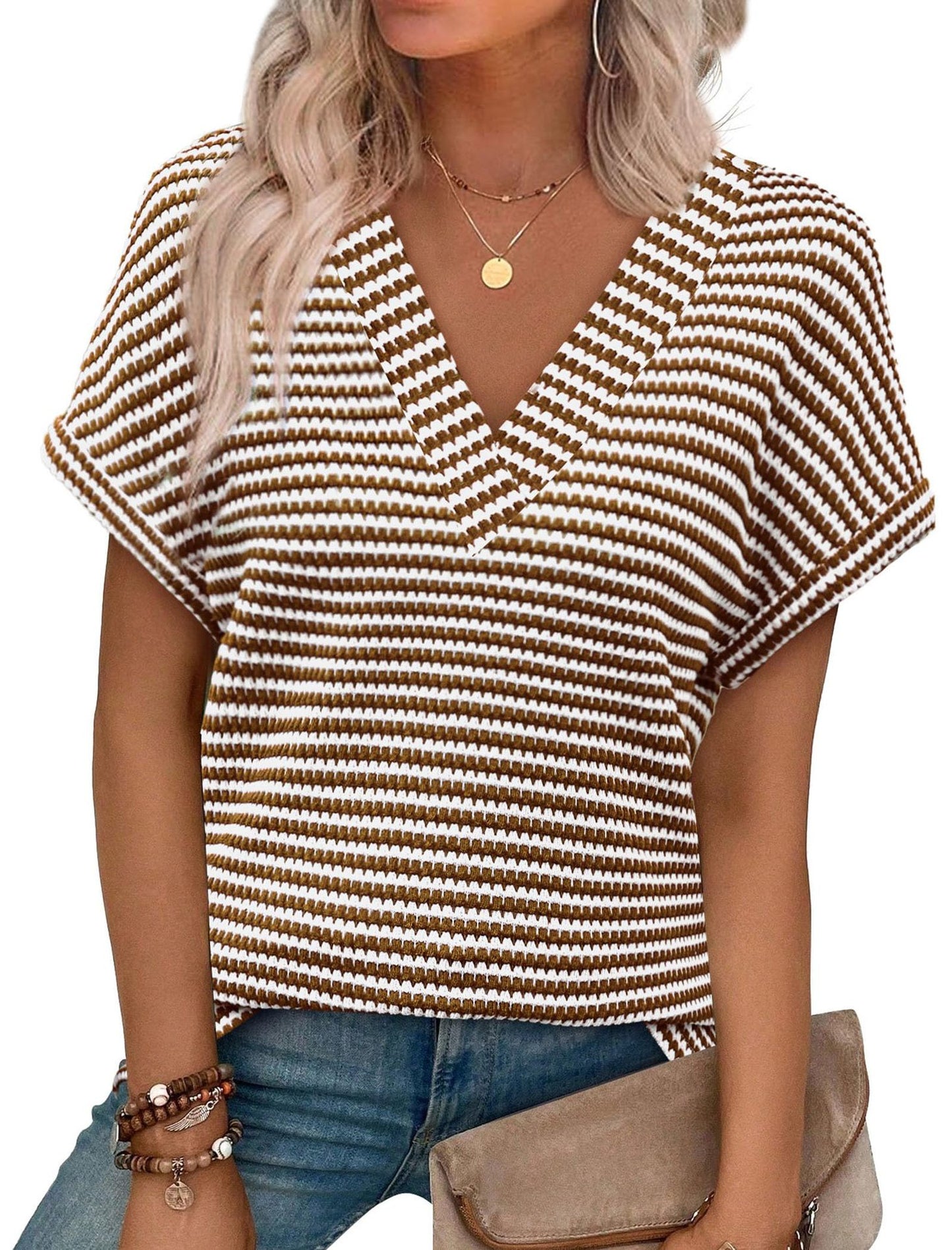 Women's Summer Striped Pineapple Plaid Loose Sleeve Women's T-shirt