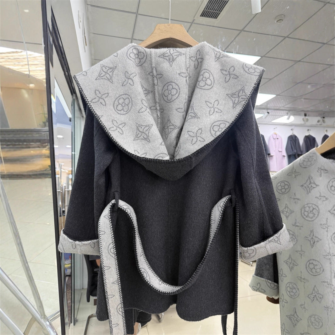 Women's Mid-length Jacquard Double-sided Wool Overcoat Hooded Coats