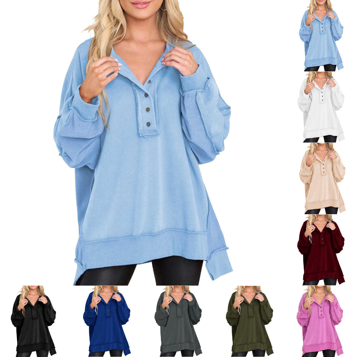 Women's Round Neck Solid Color Buttons Loose Tops