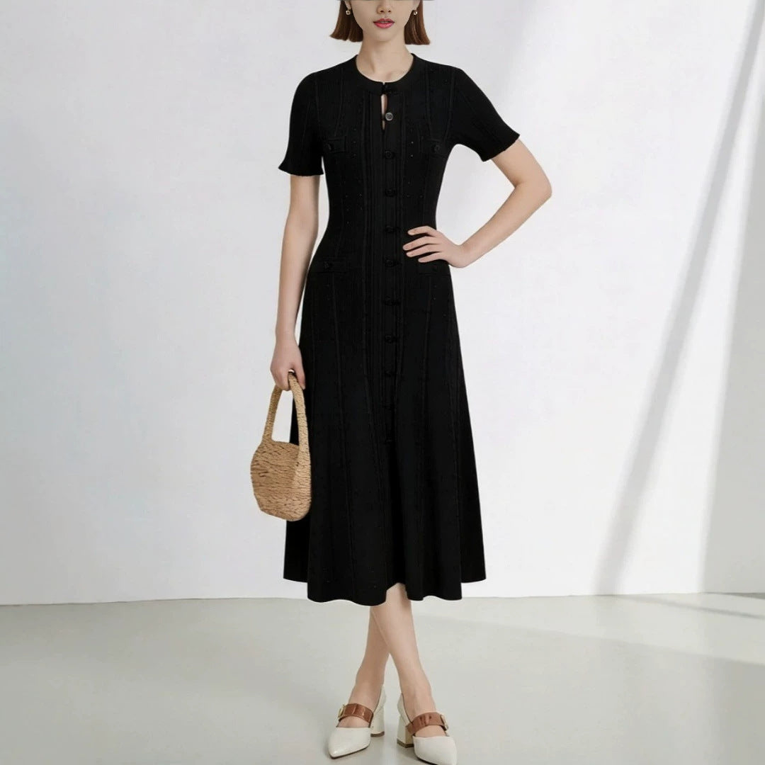 Women's High Quality French Style Temperament Sleeve Hollow Thread Single-breasted Dress