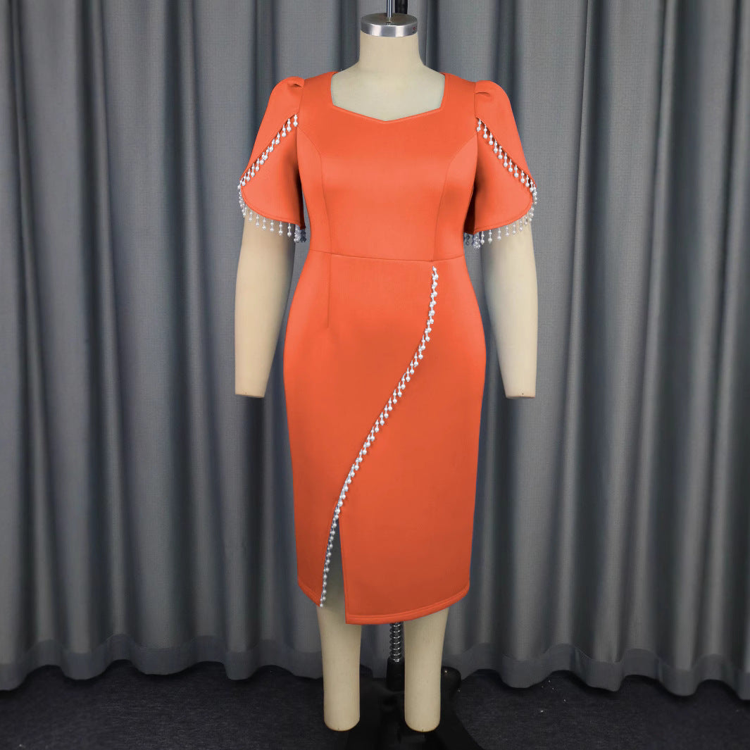 Women's Elegant Style Square Collar Pearl Slit Dresses