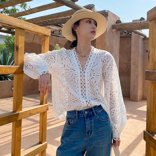 Women's Cotton Embroidered French White Shirt Long Blouses