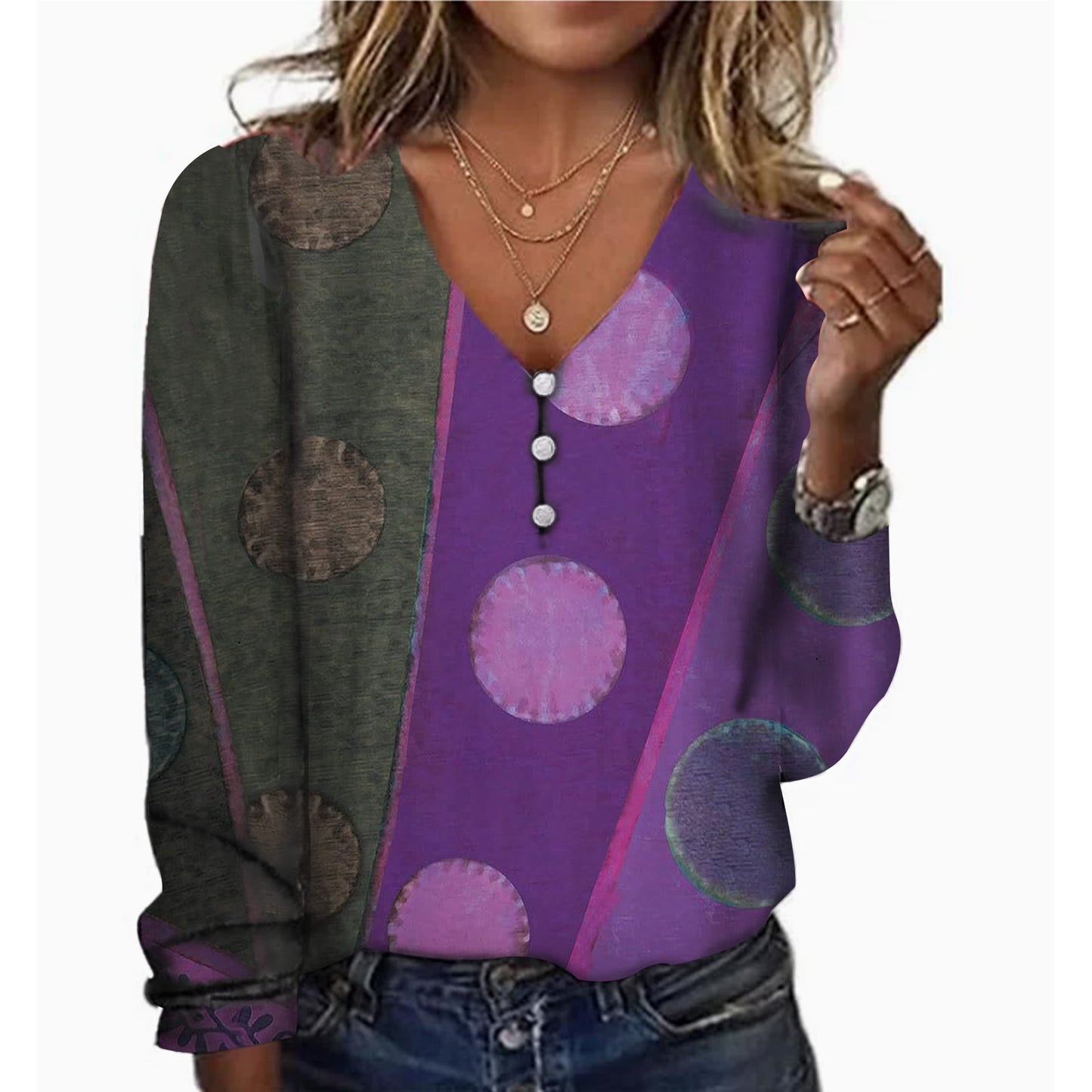 Starry Sky Pearl Button Long Sleeve Women's T-shirt