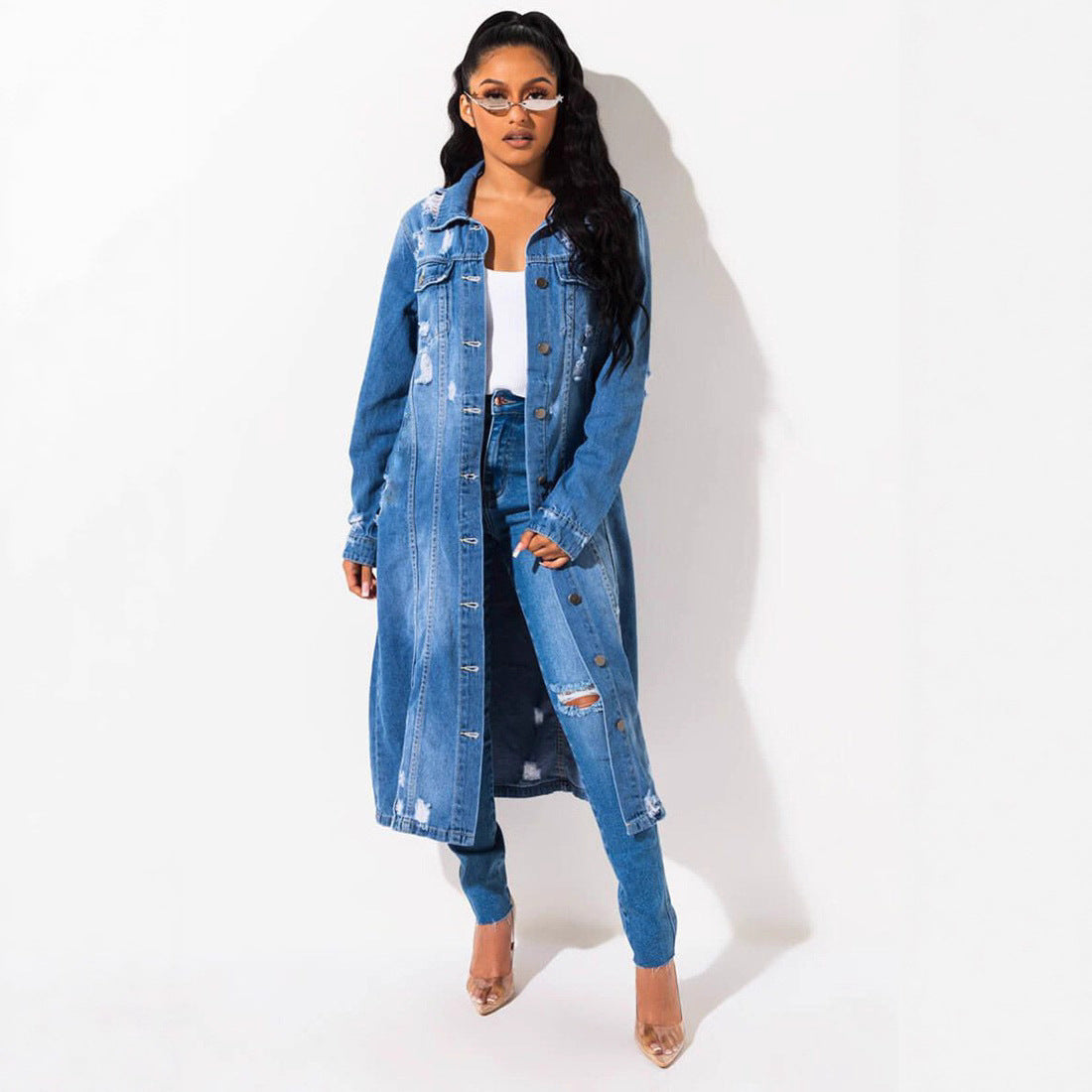 Women's Lapel Style Elegant Denim For Blue Washed Loose Jackets
