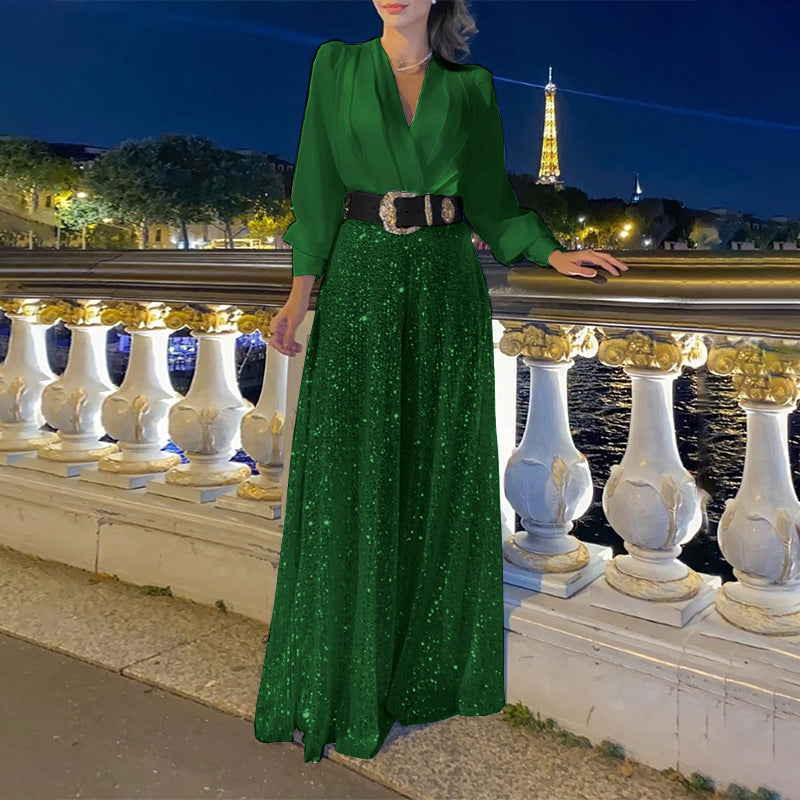 Women's Shirt Elegant Waist Slimming Sequined Wide Women's Jumpsuit/clothing