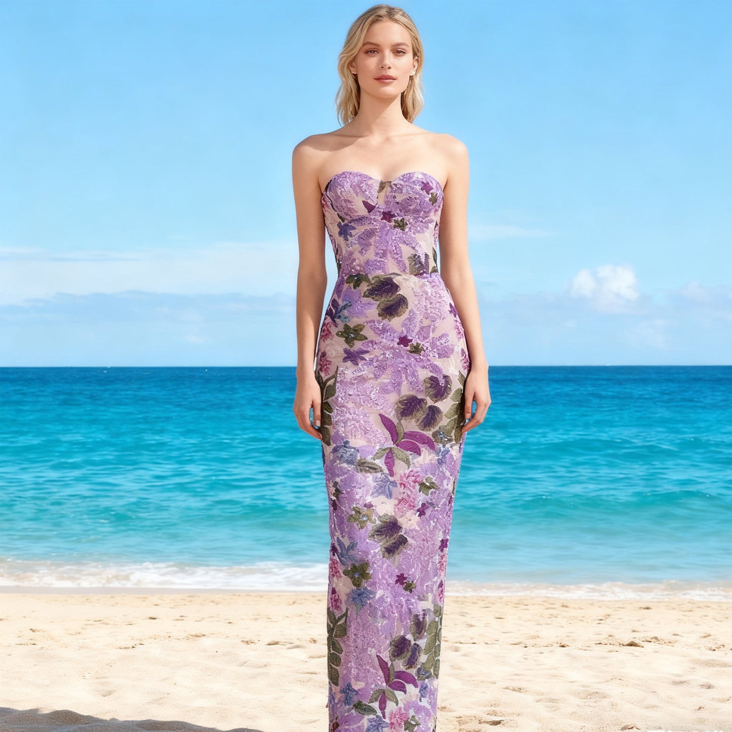 Women's Wear Tube Mesh Floral Embroidered Long Dresses