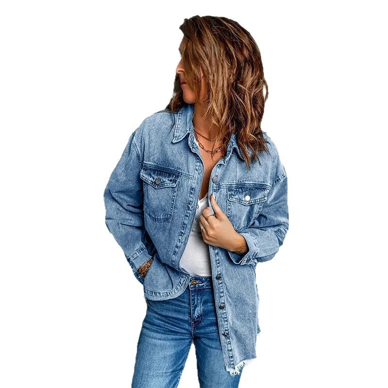 Women's Dark Blue Denim Shirt Long Sleeve Loose Tops
