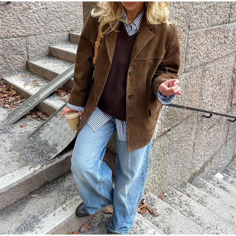 Women's Brown Long Sleeve Button For Loose Blazers
