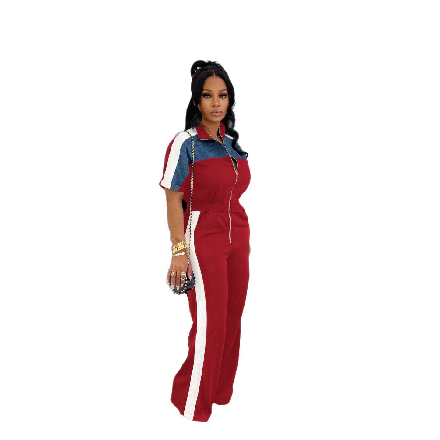 Women's Suede Fabric Denim Color Stitching Sleeve Jumpsuits