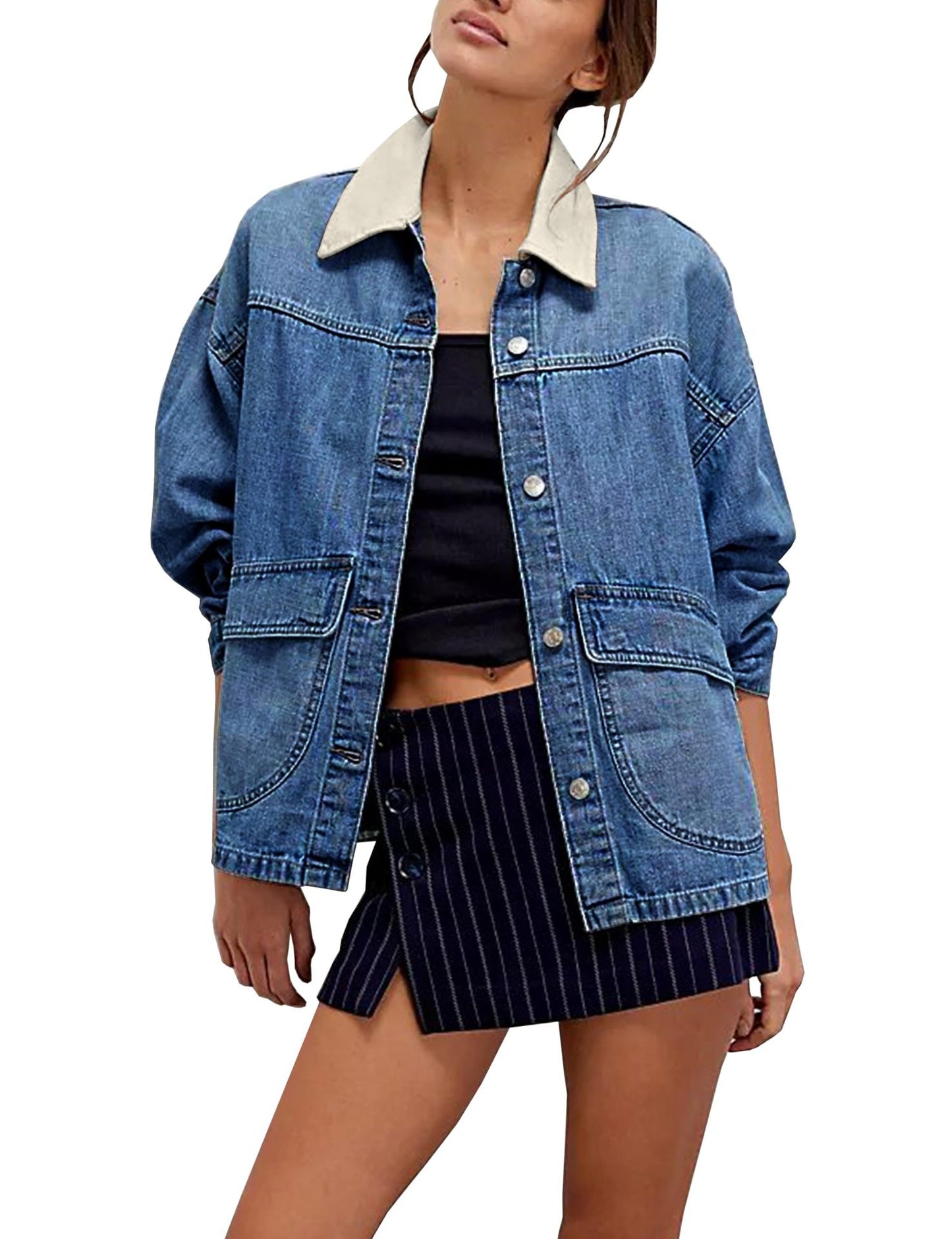 Women's Cowboy Loose Contrast Color Denim For Coats