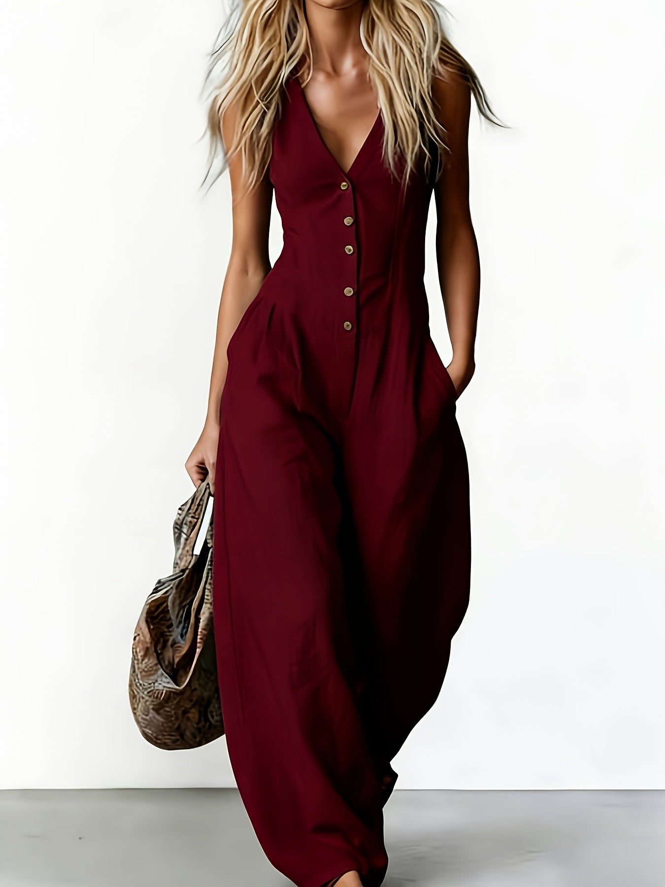 Women's Summer Sleeveless Solid Color Elegant Deep Women's Jumpsuit/clothing