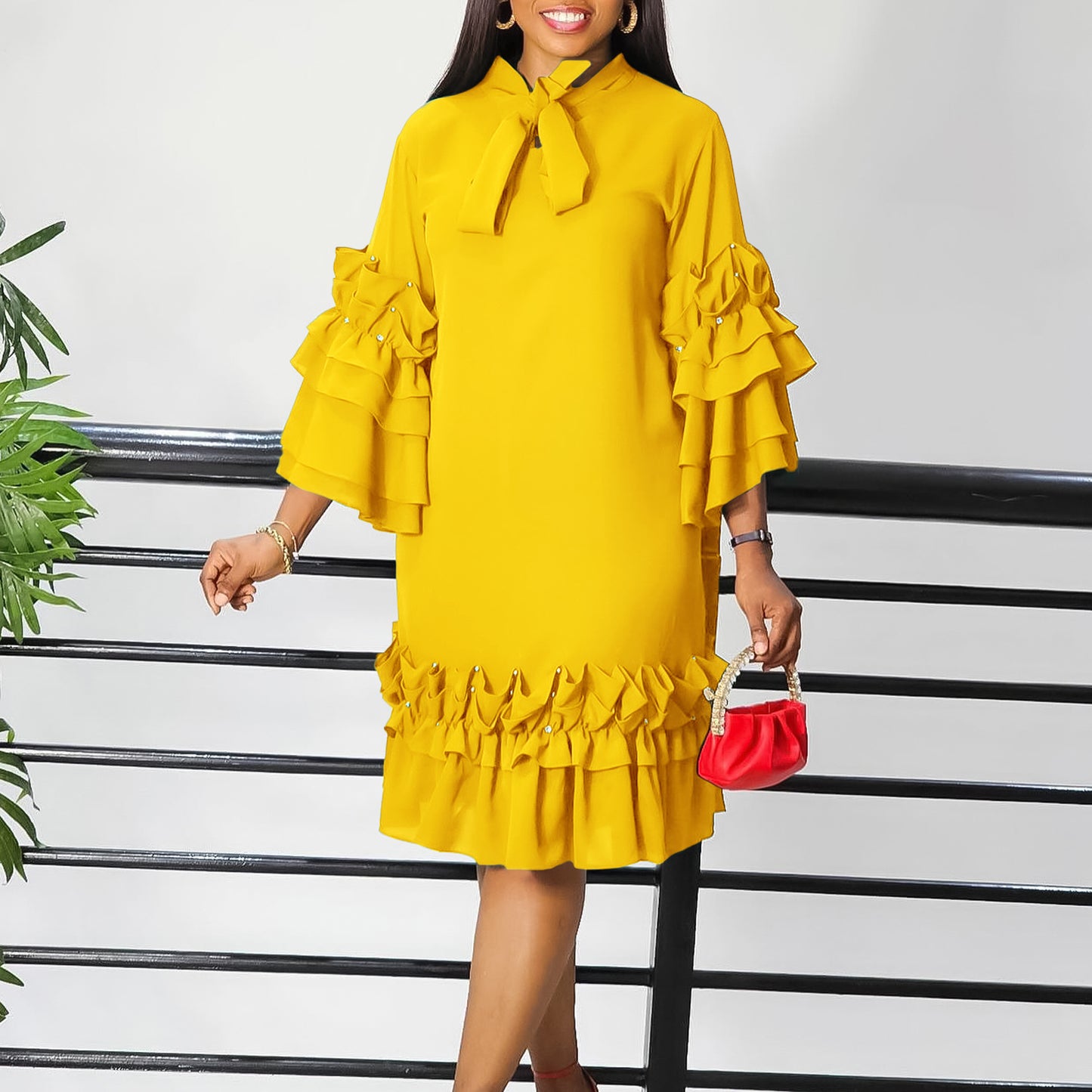 Women's Fashionable Elegant Ruffled Flared Sleeve Loose Dress