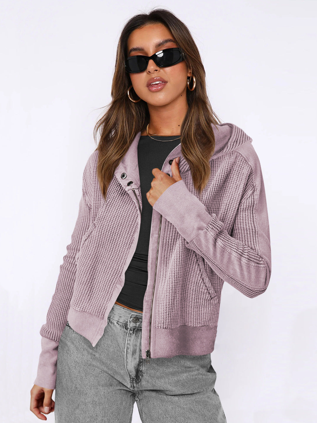 Women's Patchwork Hoodie Idle Style Zipper Hooded Sweaters