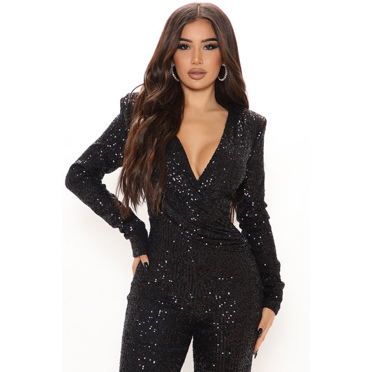 Women's Stylish Autumn Sequined Sexy Deep Clothing