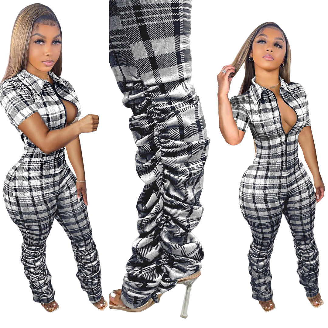 Women's Printed Checks Pleated Zipper Short-sleeved Pants