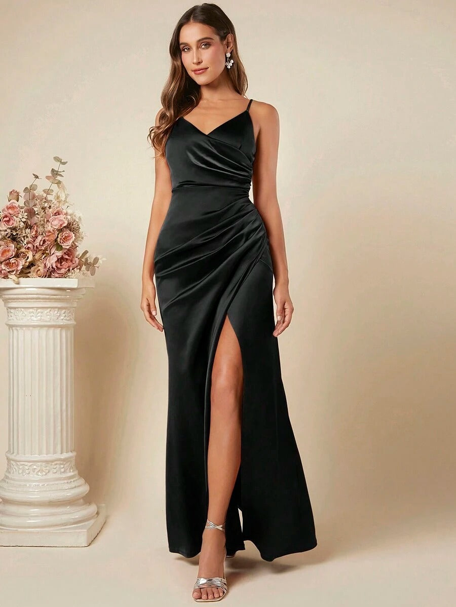 Women's Satin Suspender Dress Sexy Pleated Bridesmaid Skirts