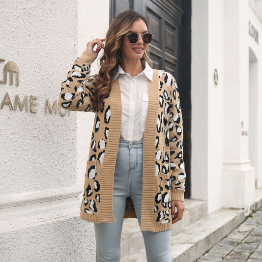 Women's Leopard Jacquard Pocket Long Knitted Loose Sweaters