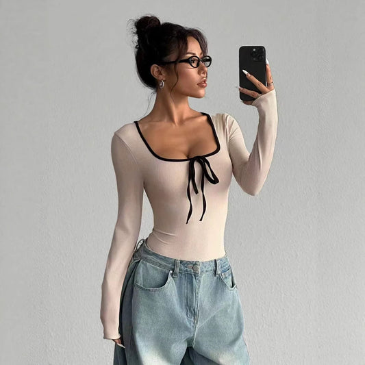 One-piece Stitching Contrast Color Collar Slim Fit Fashion Sexy Siamese Women's Jumpsuit/clothing