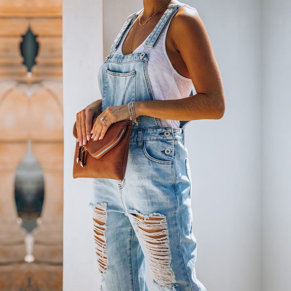 Ripped Fashion One-piece Denim Brace Skinny Pants